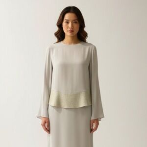 Stunning 100% Silk‎ Light Grey JOSEPH Blouse w/ Wool Felt Detailing